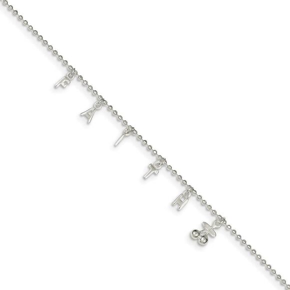 Sterling Silver 1.5mm Beaded FAITH Charm Anklet, 10-11 Inch - Picture 1 of 5
